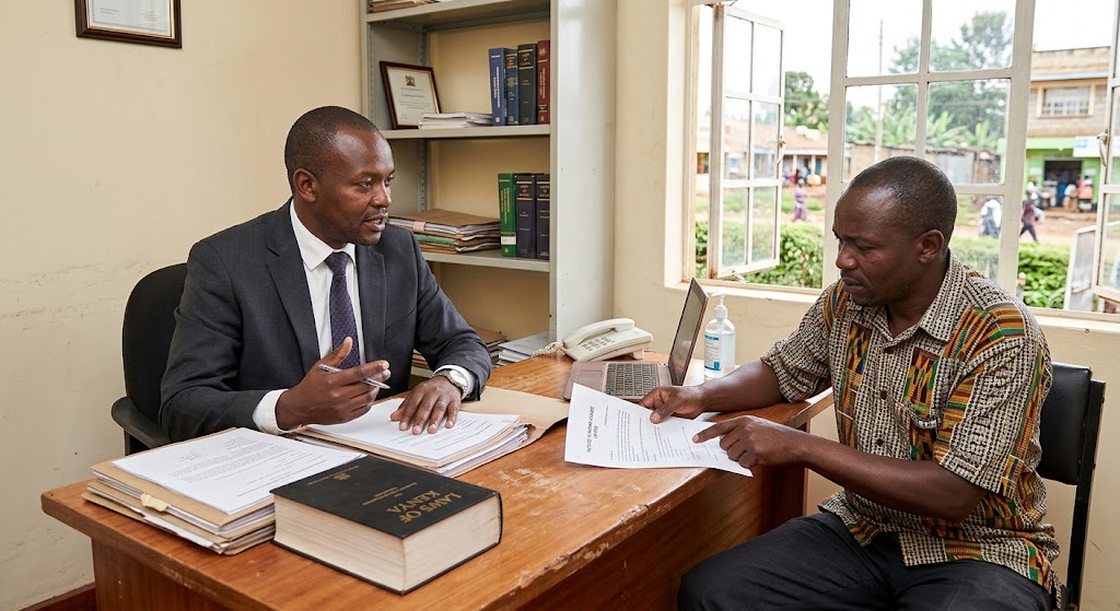 Advocate consulting with a client across a desk about a court notice